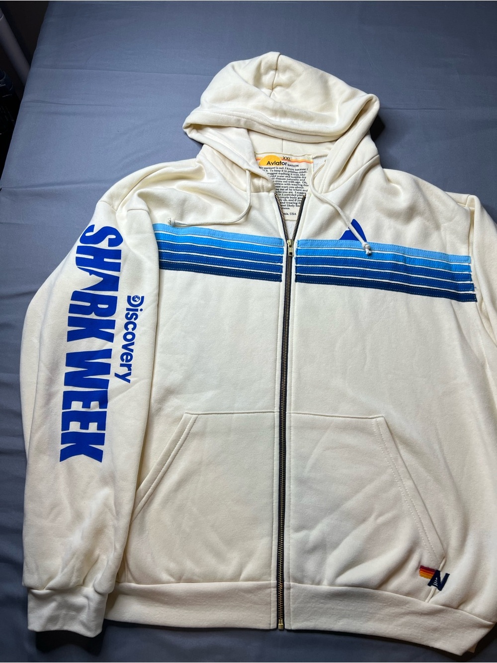 Aviator Nation Cream Zip-Up Hoodie with Blue Stripe and 'Shark Week' Sleeve XXL